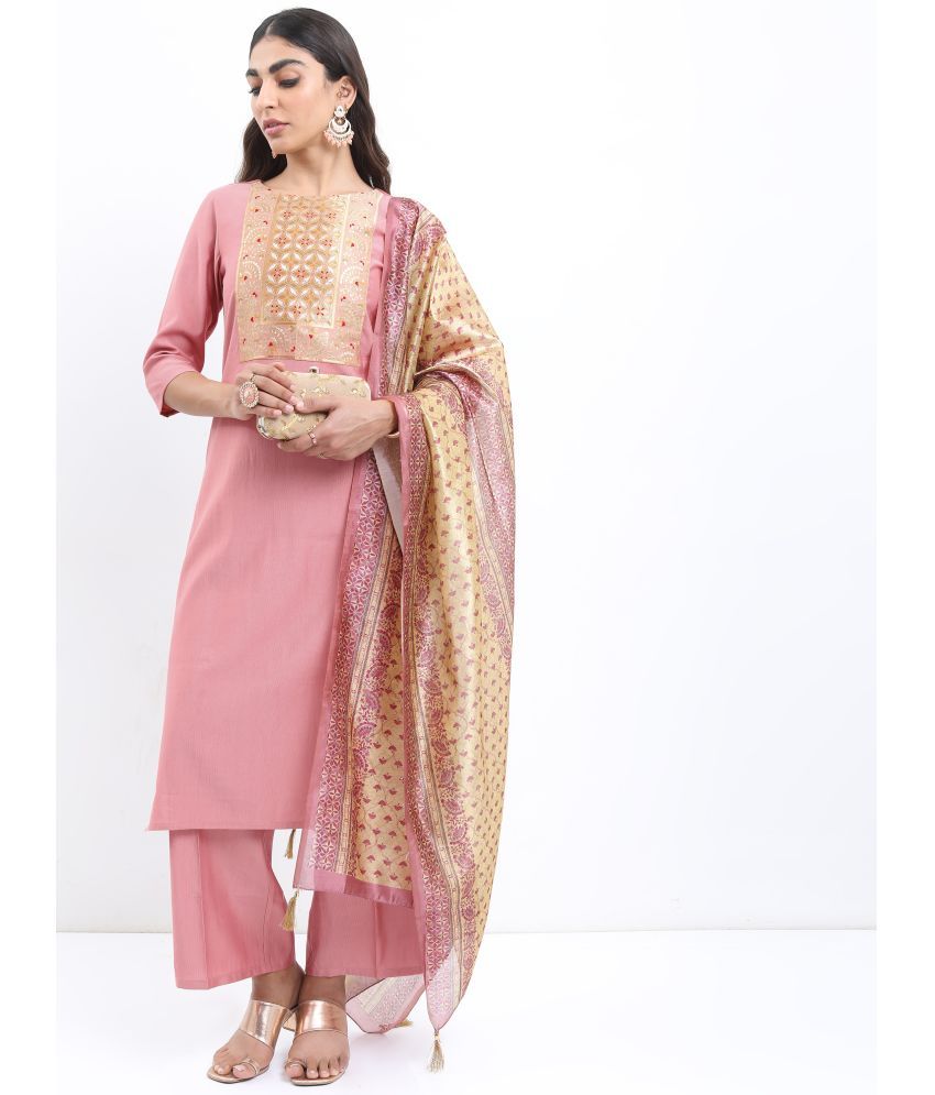     			Ketch Viscose Embroidered Kurti With Palazzo Women's Stitched Salwar Suit - Pink ( Pack of 1 )