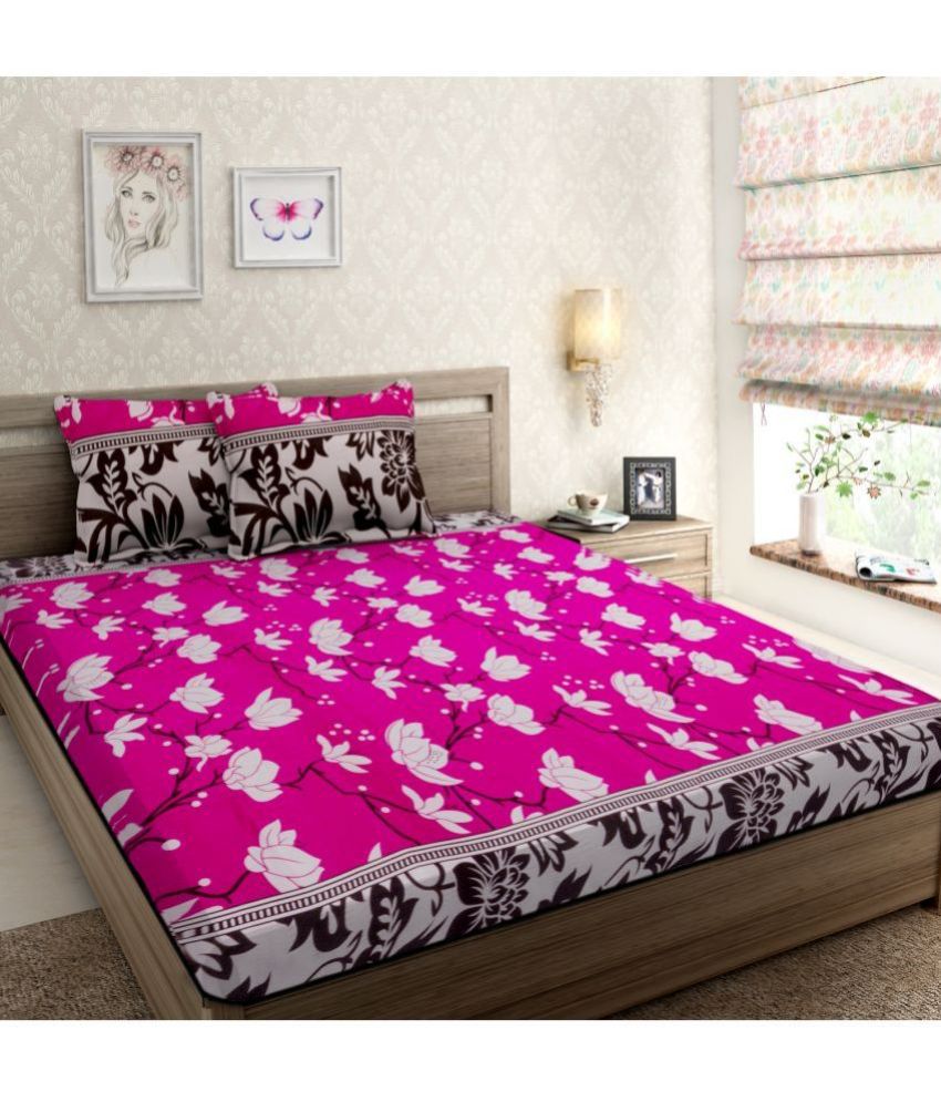     			Modefe Poly Cotton Floral 1 Double Bedsheet with 2 Pillow Covers - Pink