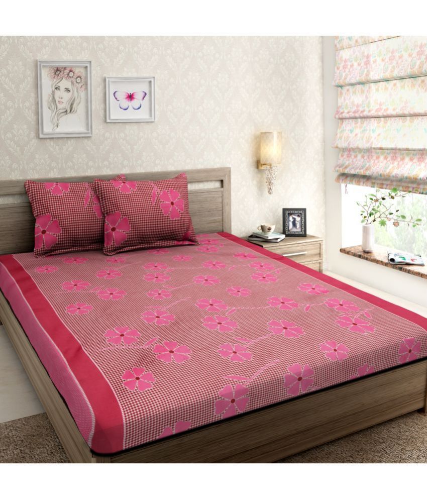     			Modefe Poly Cotton Floral 1 Double Bedsheet with 2 Pillow Covers - Pink