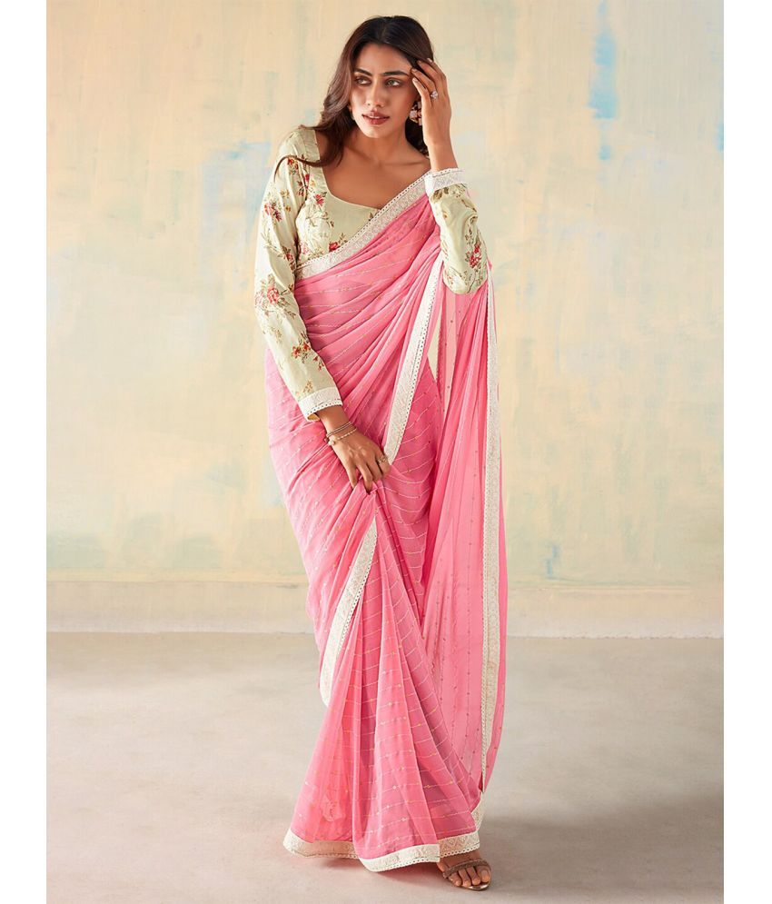     			BLEESBURY Georgette Embellished Saree With Blouse Piece - Pink ( Pack of 1 )