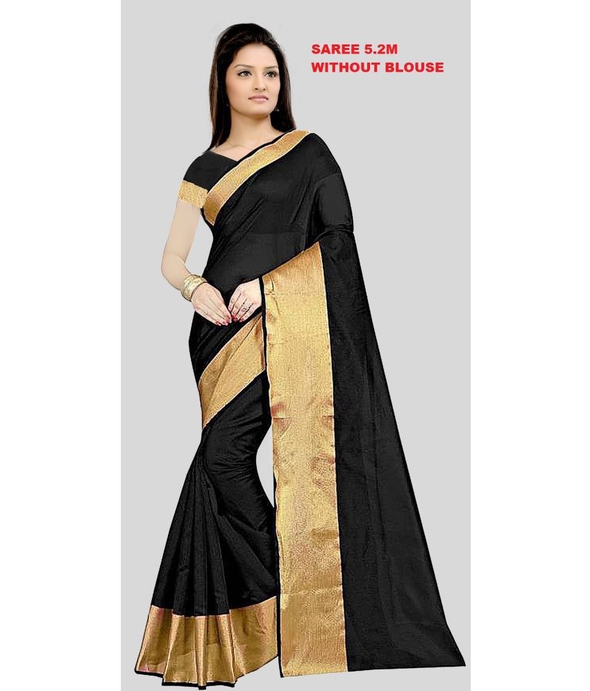     			Saadhvi Cotton Blend Solid Saree Without Blouse Piece - Black ( Pack of 1 )