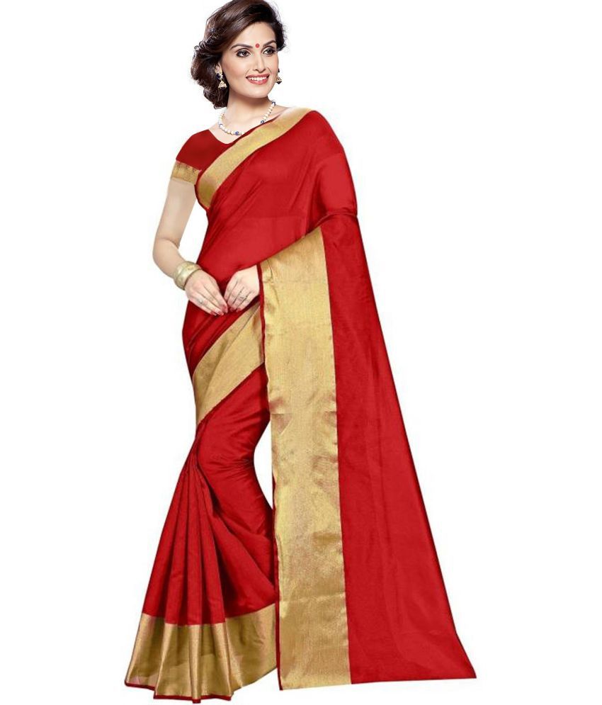     			Saadhvi Cotton Silk Solid Saree With Blouse Piece - Red ( Pack of 1 )