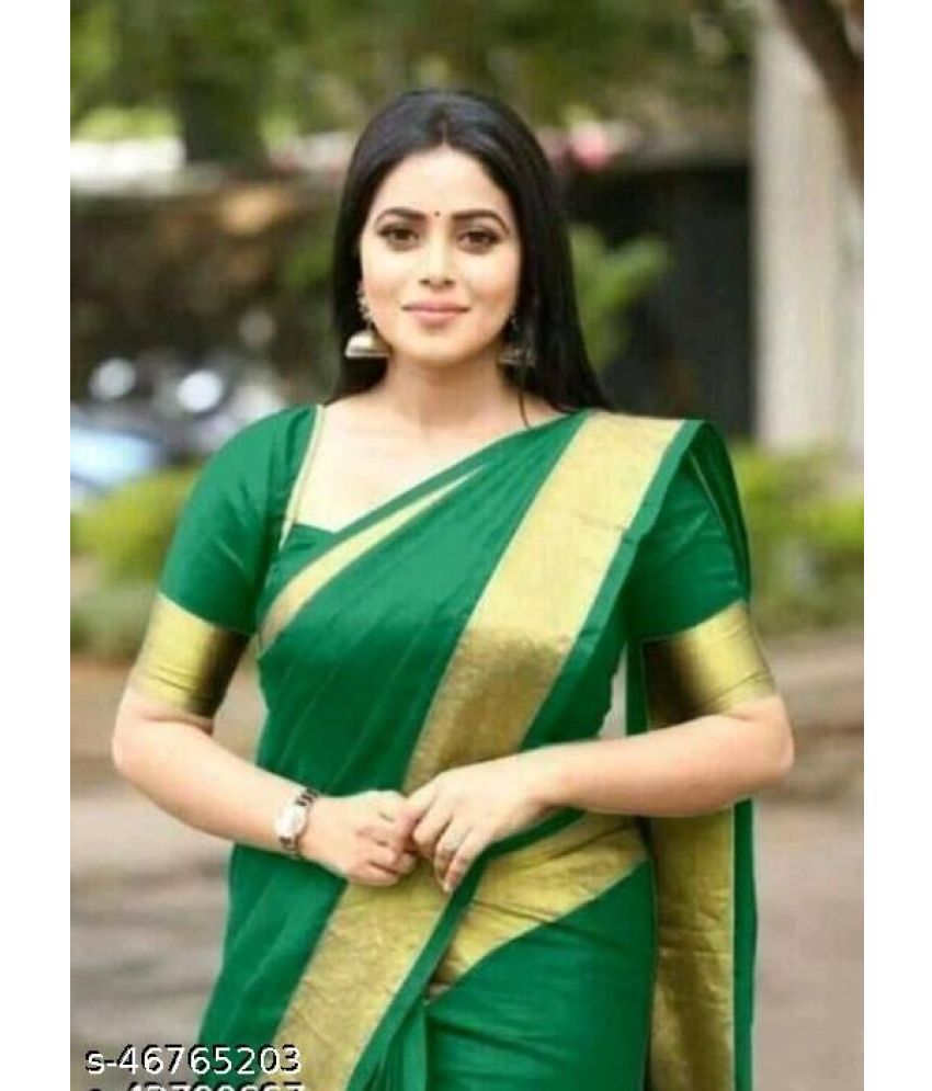     			Saadhvi Cotton Silk Solid Saree With Blouse Piece - Green ( Pack of 1 )