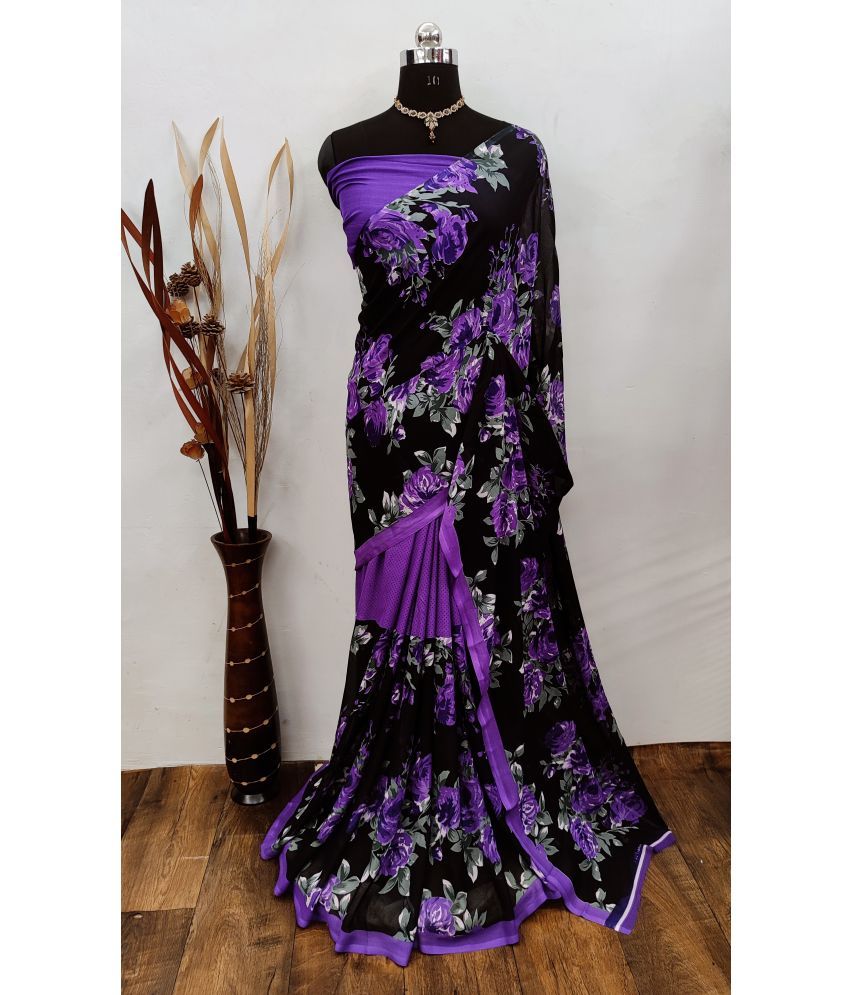     			Saadhvi Georgette Printed Saree With Blouse Piece - Purple ( Pack of 1 )