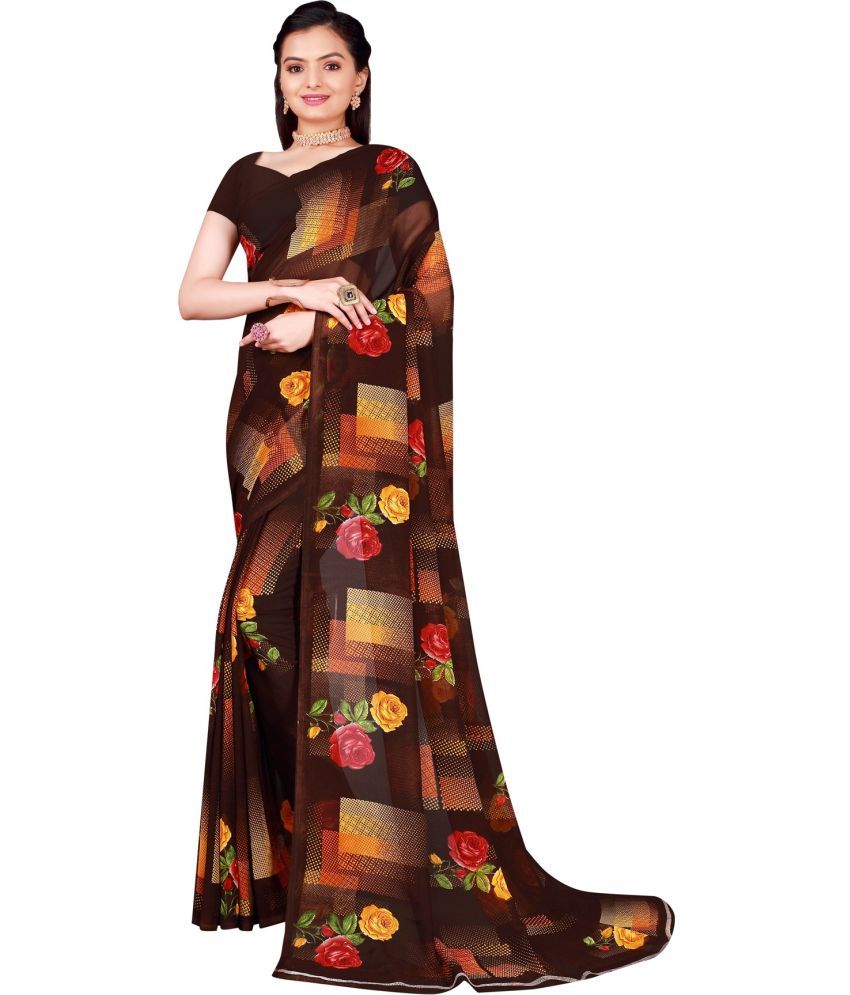     			Saadhvi Georgette Printed Saree With Blouse Piece - Brown ( Pack of 1 )