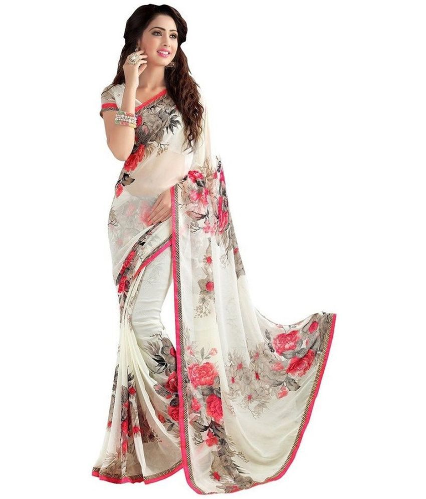     			Saadhvi Georgette Printed Saree With Blouse Piece - White ( Pack of 1 )