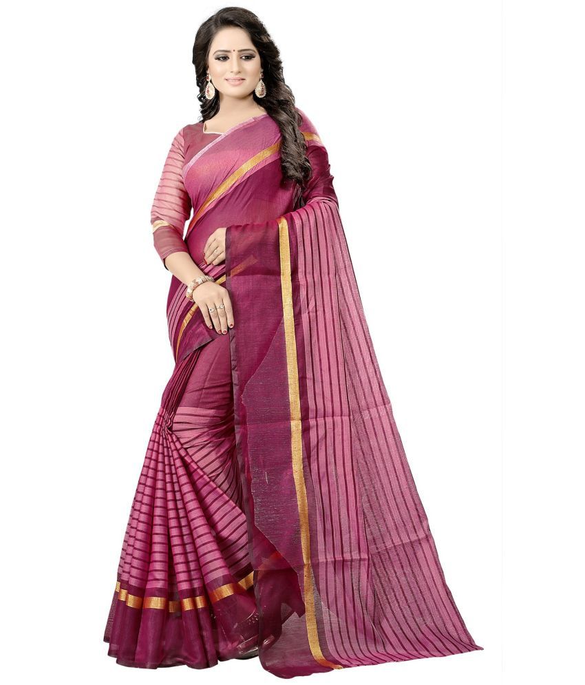     			Sadhvi Cotton Silk Striped Saree With Blouse Piece - Pink ( Pack of 1 )