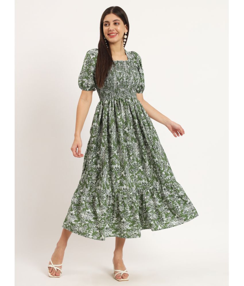     			ZWERLON Polyester Printed Midi Women's Fit & Flare Dress - Green ( Pack of 1 )