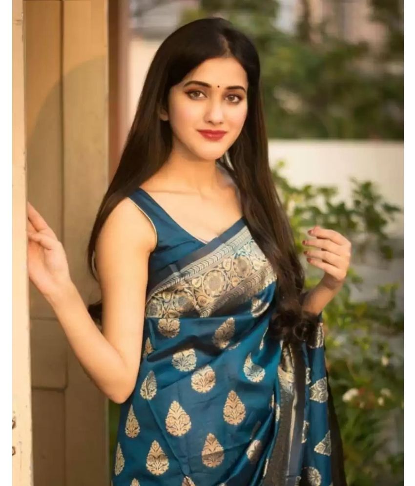     			Gazal Fashions Banarasi Silk Embellished Saree With Blouse Piece - Turquoise ( Pack of 1 )