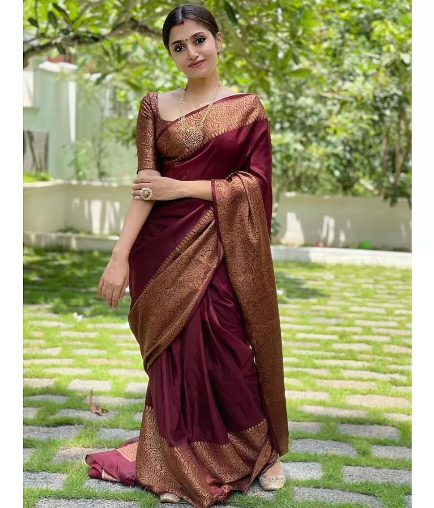     			Gazal Fashions Banarasi Silk Embellished Saree With Blouse Piece - Maroon ( Pack of 1 )