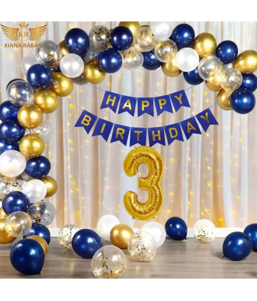     			KR 3RD HAPPY BIRTHDAY PARTY DECORATION WITH HAPPY BIRTHDAY FOIL BALLOON 12 BLUE 12 WHITE 12 GOLD BALLOON 1 NET CURTAIN 1 LIGHT 4 CONFETI 1 ARCH 1 GLUE 1 RIBBON 3 NO. GOLD FOIL BALLOON