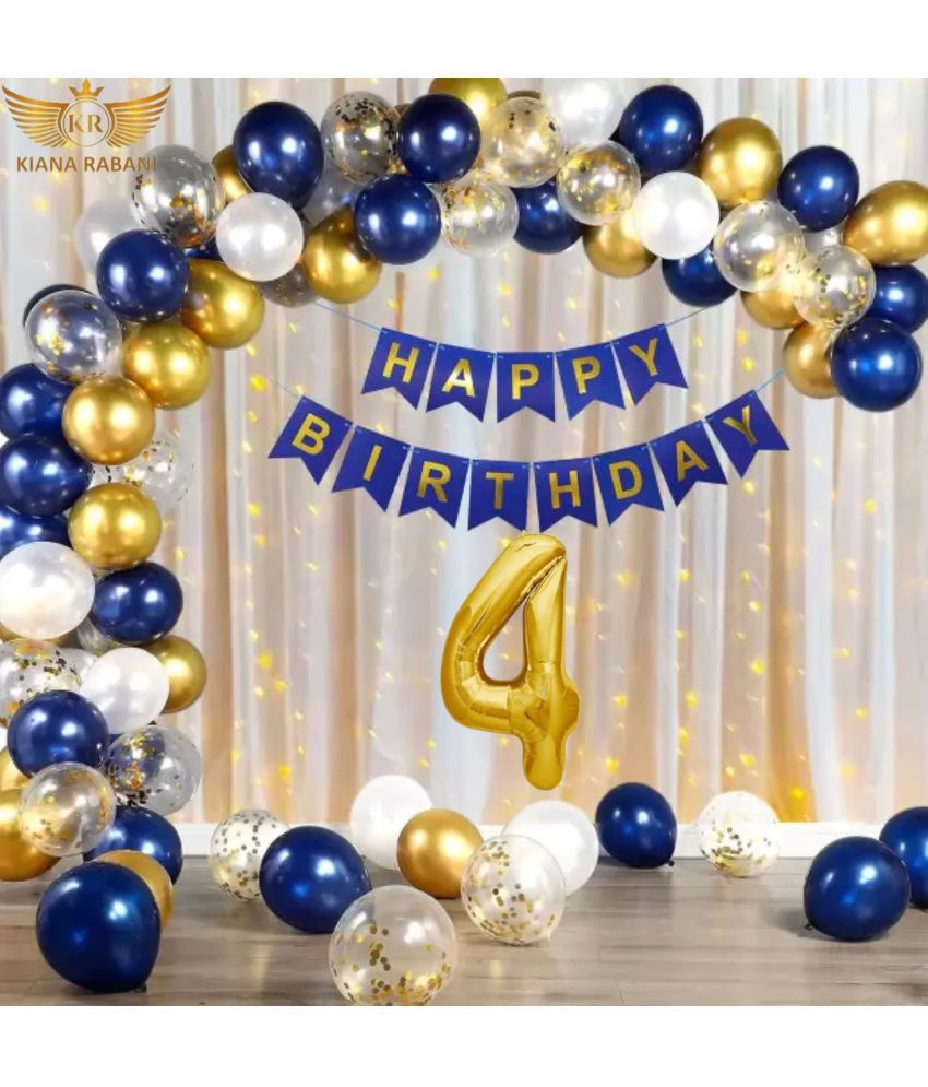     			KR 4TH HAPPY BIRTHDAY PARTY DECORATION WITH HAPPY BIRTHDAY FOIL BALLOON 12 BLUE 12 WHITE 12 GOLD BALLOON 1 NET CURTAIN 1 LIGHT 4 CONFETI 1 ARCH 1 GLUE 1 RIBBON 4 NO. GOLD FOIL BALLOON