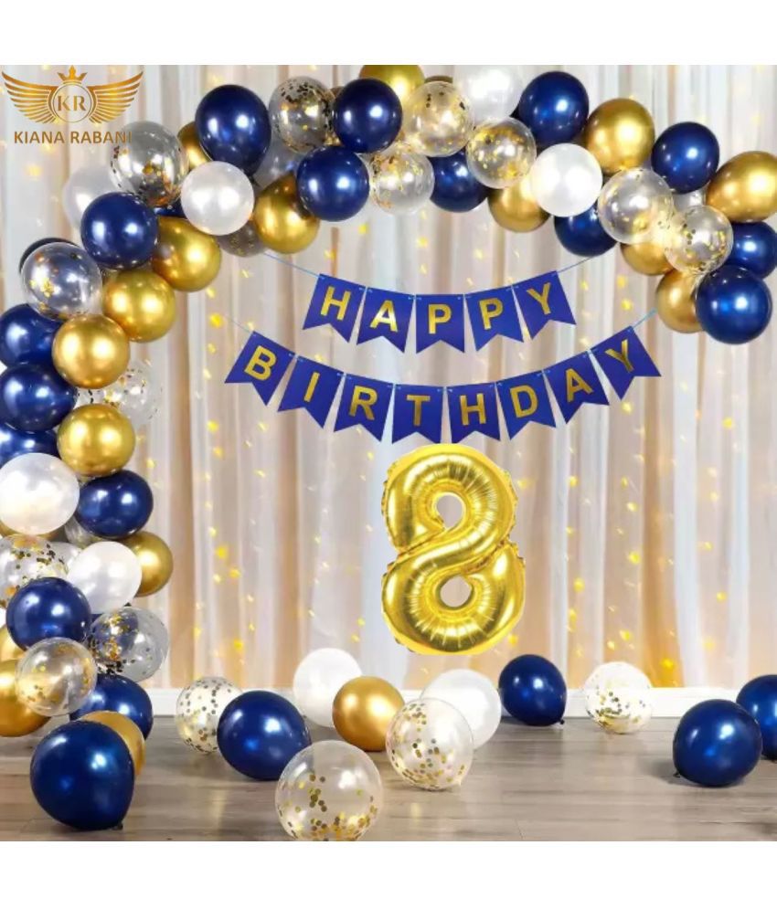     			KR 8TH HAPPY BIRTHDAY PARTY DECORATION WITH HAPPY BIRTHDAY FOIL BALLOON 12 BLUE 12 WHITE 12 GOLD BALLOON 1 NET CURTAIN 1 LIGHT 4 CONFETI 1 ARCH 1 GLUE 1 RIBBON 8 NO. GOLD FOIL BALLOON