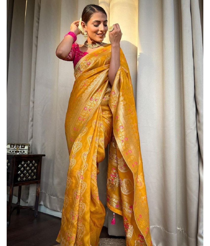     			Aika Banarasi Silk Embellished Saree With Blouse Piece - Yellow ( Pack of 1 )