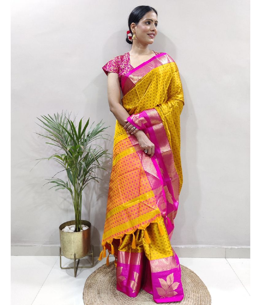     			Aika Banarasi Silk Embellished Saree With Blouse Piece - Mustard ( Pack of 1 )