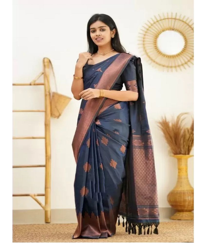     			Aika Banarasi Silk Embellished Saree With Blouse Piece - Navy Blue ( Pack of 1 )