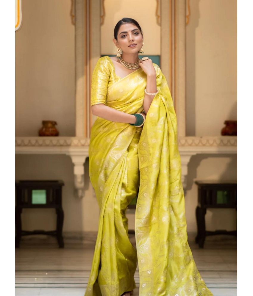     			Aika Banarasi Silk Embellished Saree With Blouse Piece - Lime Green1 ( Pack of 1 )
