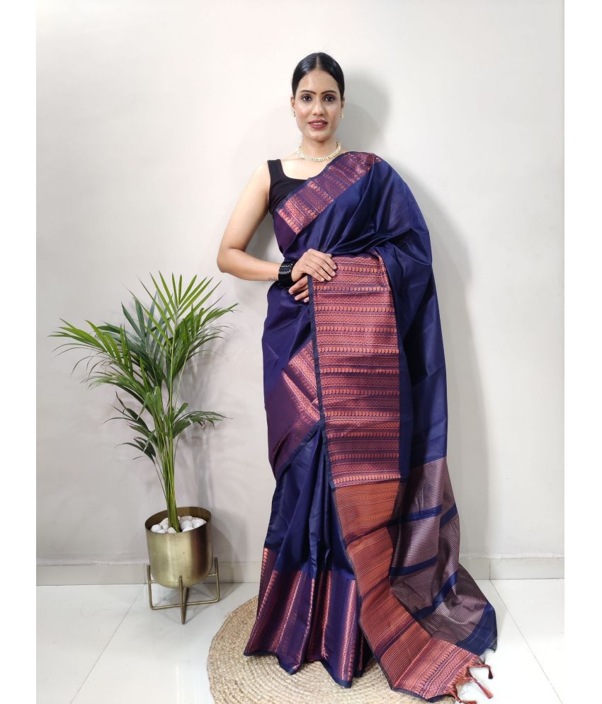     			Aika Banarasi Silk Embellished Saree With Blouse Piece - Navy Blue ( Pack of 1 )
