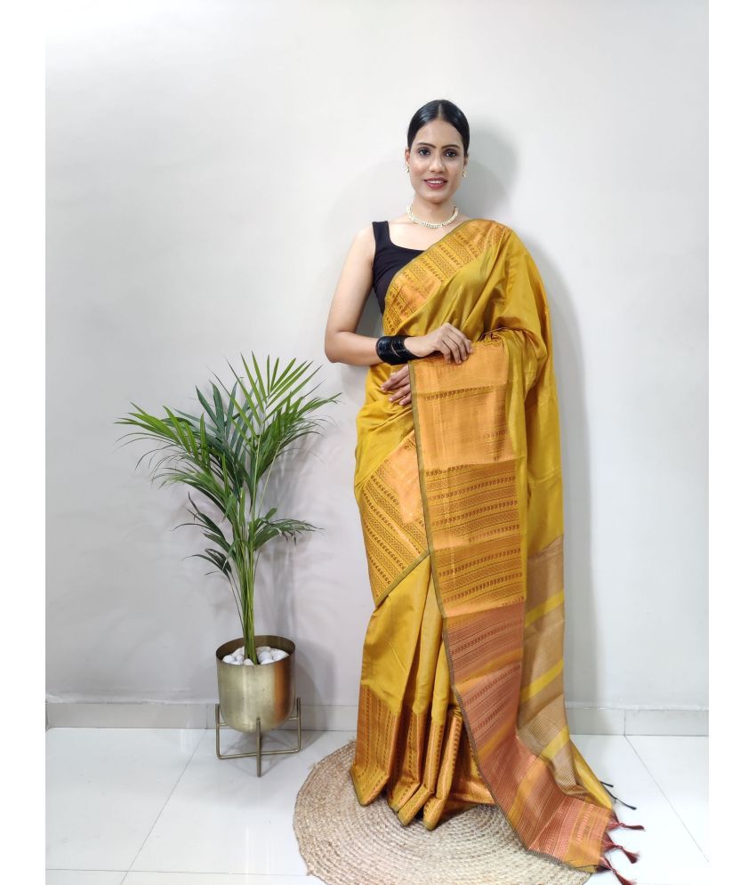     			Aika Banarasi Silk Embellished Saree With Blouse Piece - Mustard ( Pack of 1 )