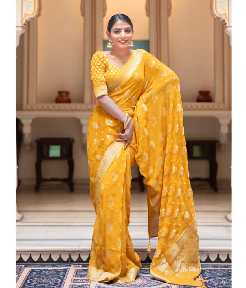     			Aika Banarasi Silk Embellished Saree With Blouse Piece - Yellow ( Pack of 1 )