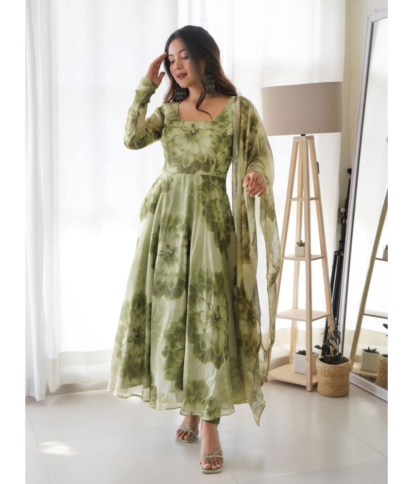     			Estela Organza Printed Kurti With Pants Women's Stitched Salwar Suit - Green ( Pack of 1 )