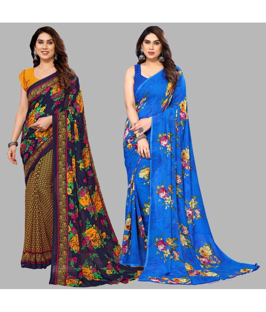     			Kashvi Sarees Georgette Printed Saree With Blouse Piece - Multicolor ( Pack of 2 )