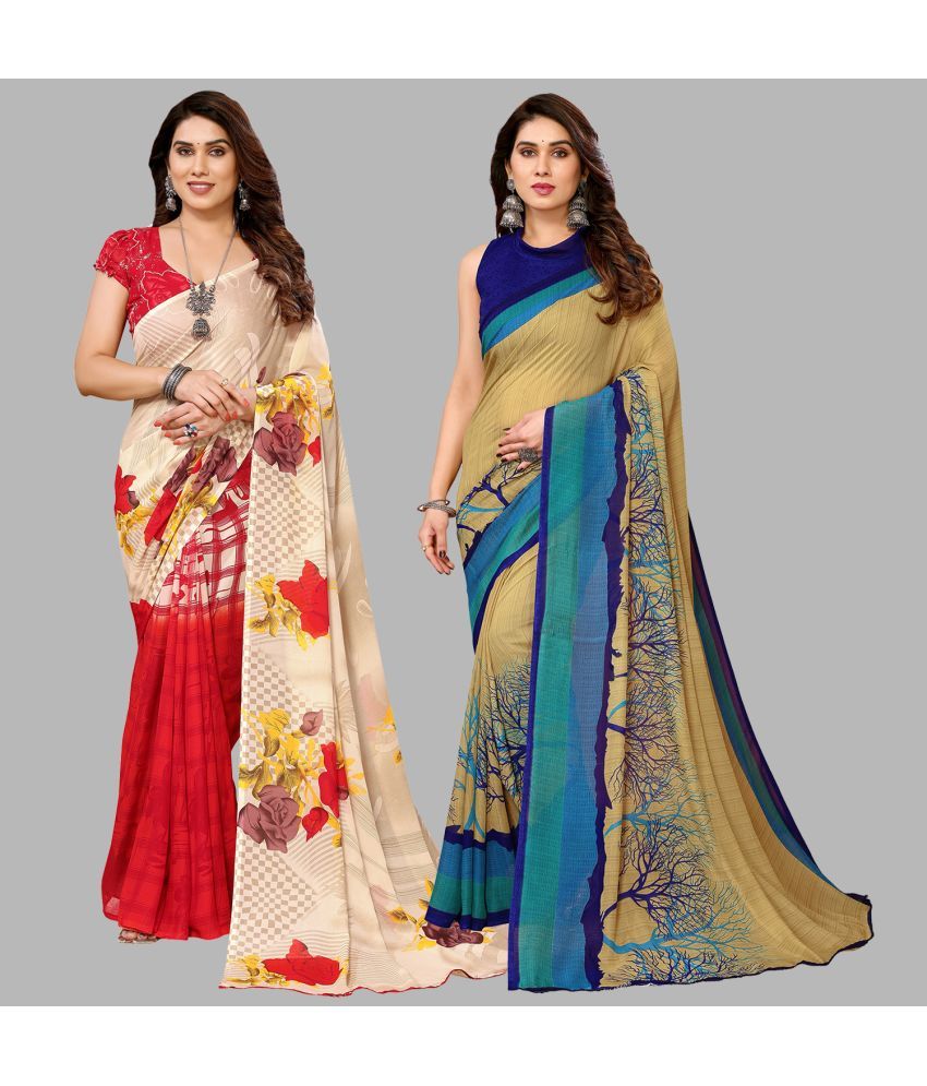     			Kashvi Sarees Georgette Printed Saree With Blouse Piece - Multicolor ( Pack of 2 )