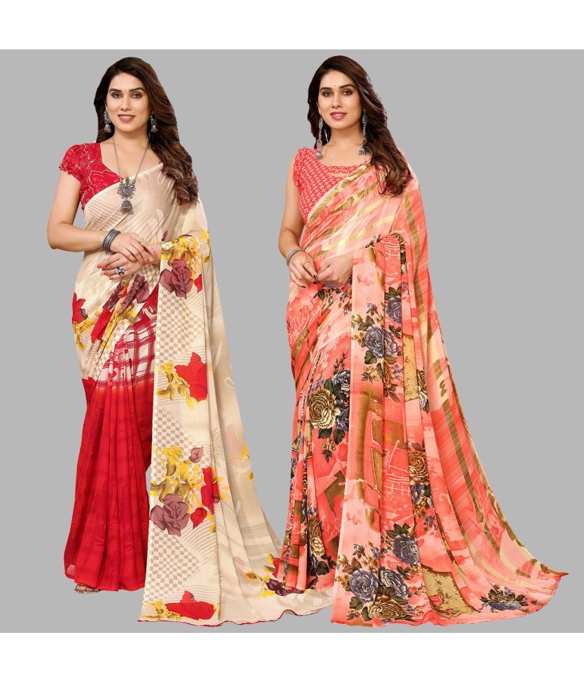     			Kashvi Sarees Georgette Printed Saree With Blouse Piece - Multicolor ( Pack of 2 )