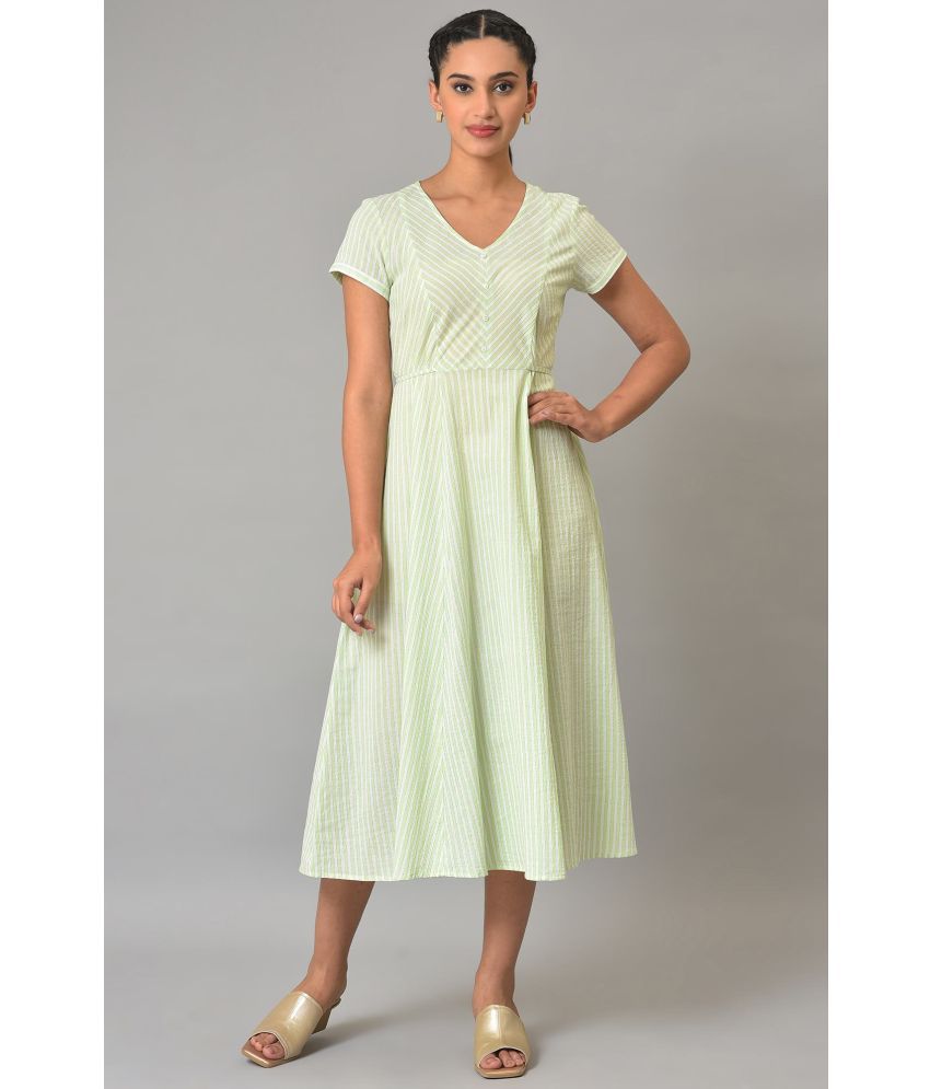     			Aurelia Cotton Striped Midi Women's A-line Dress - Green ( Pack of 1 )