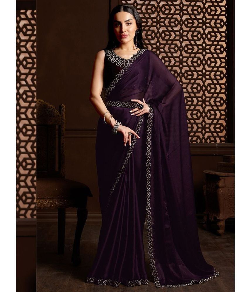     			Rangita Satin Embellished Saree With Blouse Piece - Purple ( Pack of 1 )