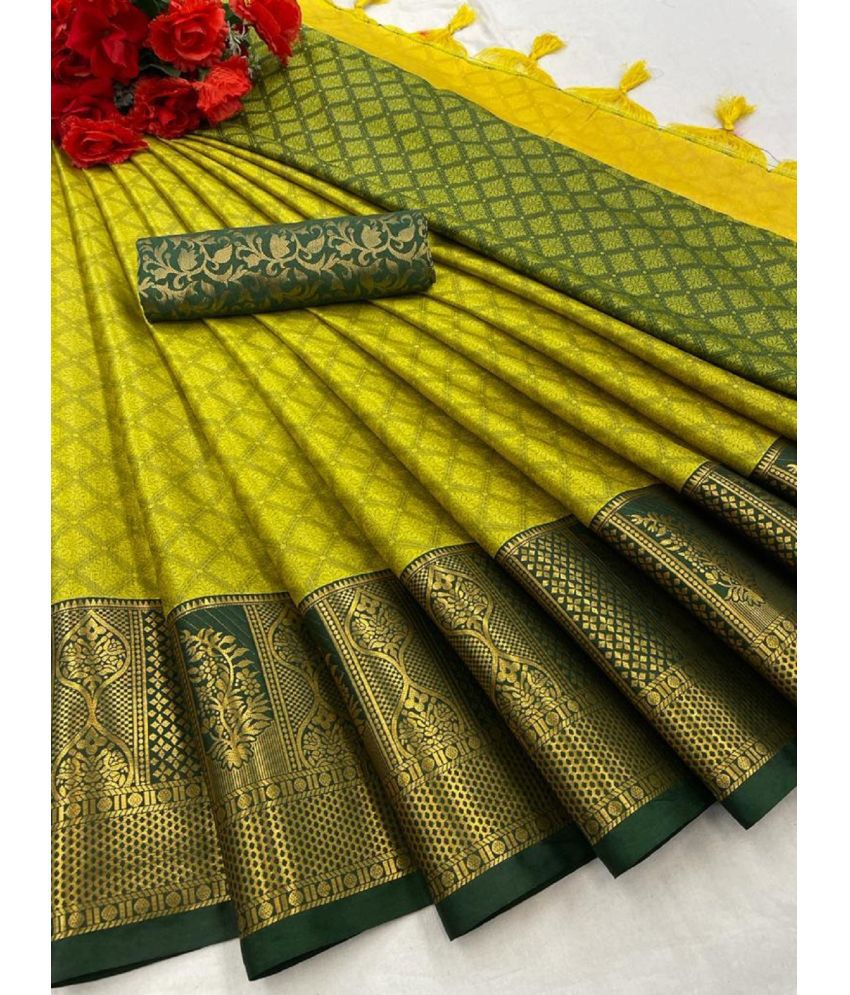     			Aika Cotton Silk Embellished Saree With Blouse Piece - Lime Green ( Pack of 1 )