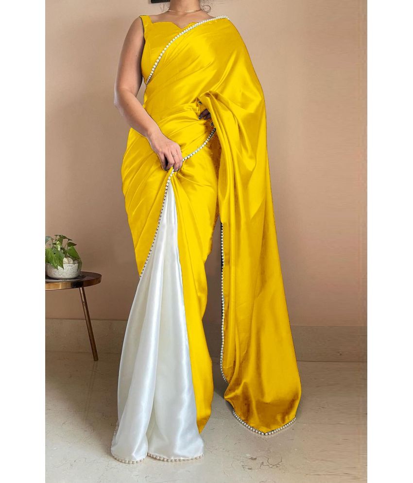     			Aika Satin Embellished Saree With Blouse Piece - Yellow ( Pack of 1 )