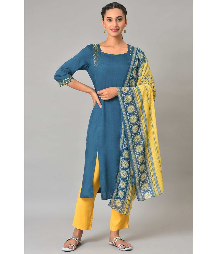    			Aurelia Viscose Embroidered Kurti With Palazzo Women's Stitched Salwar Suit - Blue ( Pack of 1 )