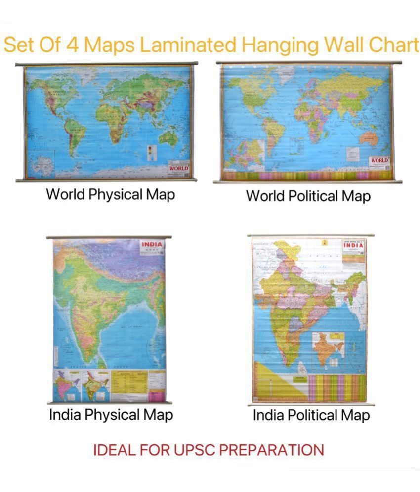     			India & World Map ( Both Political & Physical ) Laminated Wall Chart | Set Of 4 | Useful For UPSC And Other Exams