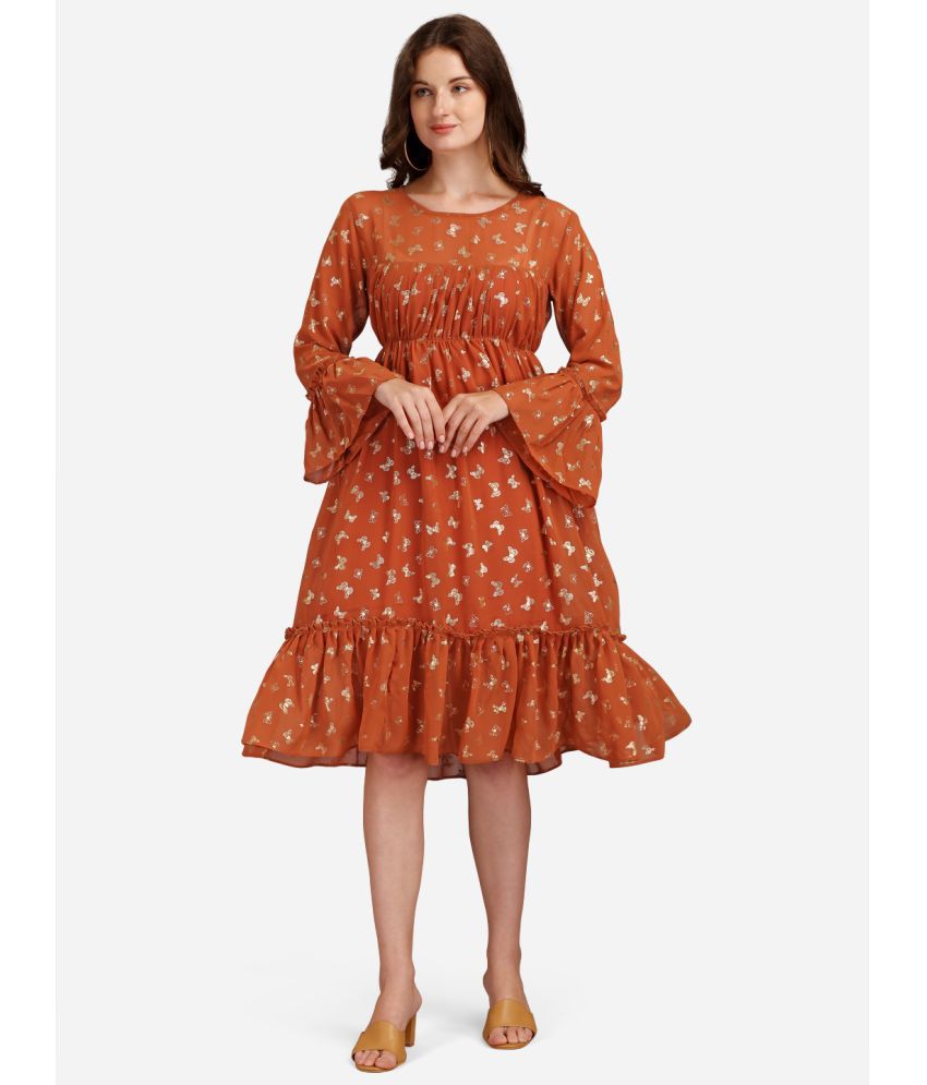    			gufrina Cotton Blend Printed Knee Length Women's Fit & Flare Dress - Orange ( Pack of 1 )