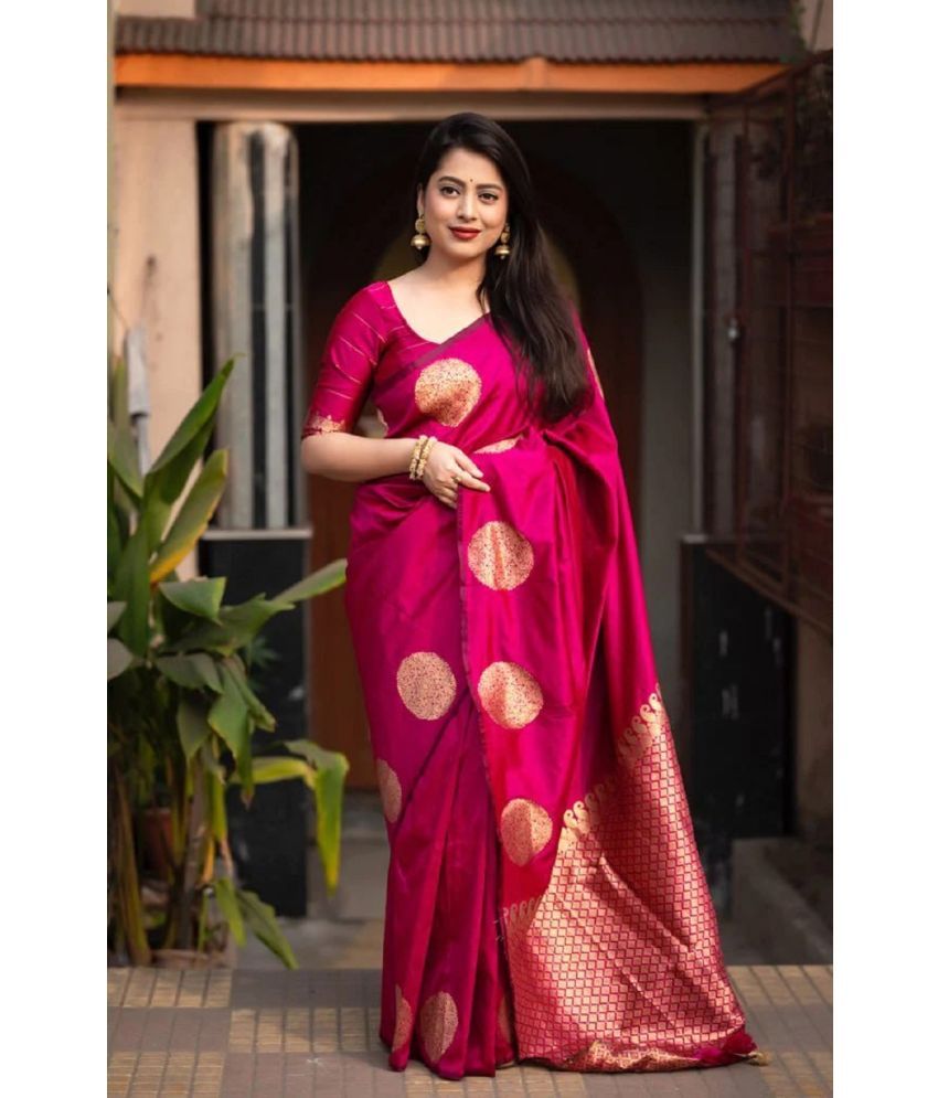     			Apnisha Banarasi Silk Embellished Saree With Blouse Piece - Pink ( Pack of 1 )