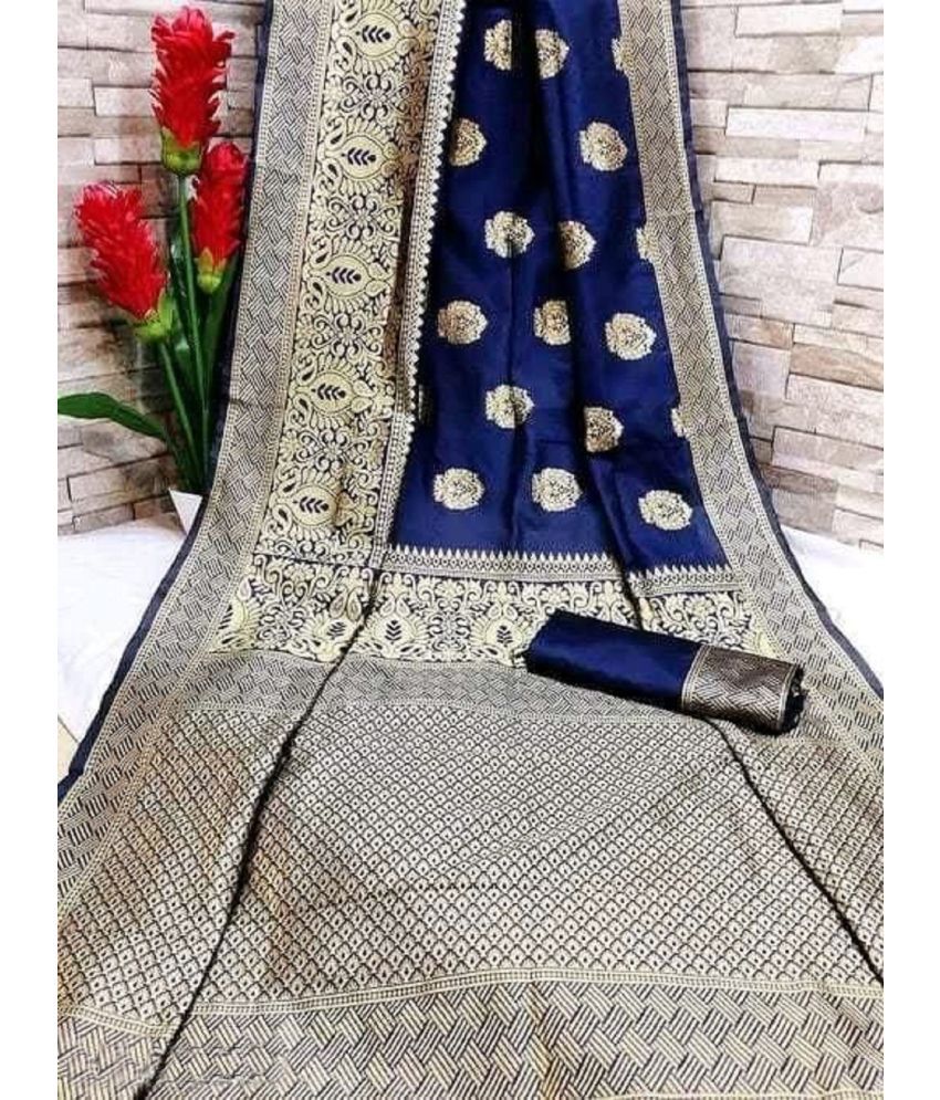     			Gazal Fashions Banarasi Silk Embellished Saree With Blouse Piece - Navy Blue ( Pack of 1 )