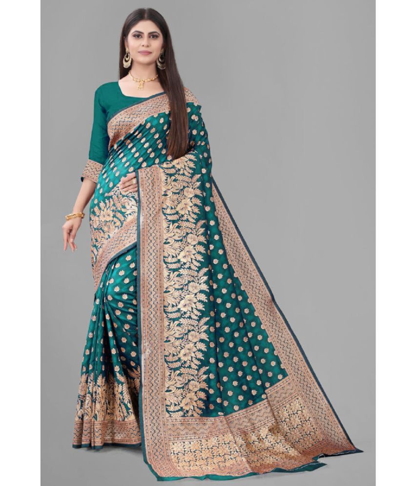    			Gazal Fashions Banarasi Silk Embellished Saree With Blouse Piece - Rama ( Pack of 1 )