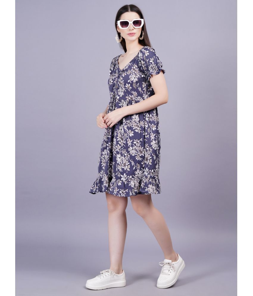     			HIGHLIGHT FASHION EXPORT Rayon Printed Above Knee Women's Fit & Flare Dress - Navy Blue ( Pack of 1 )