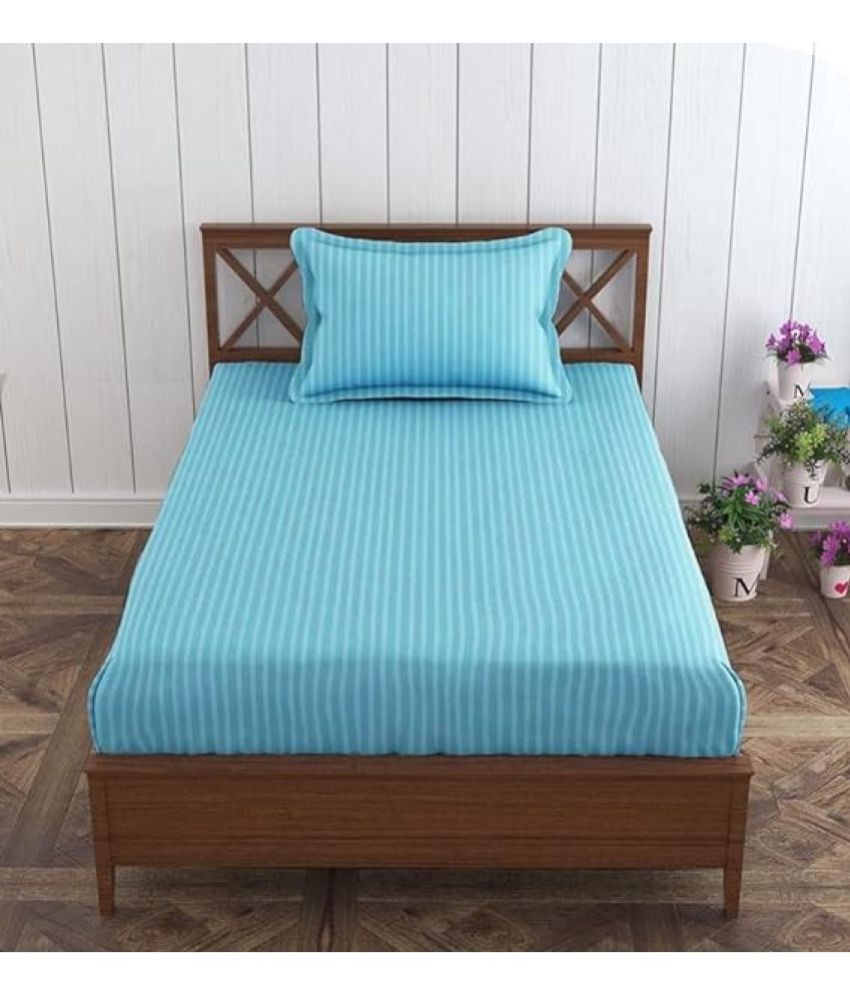     			Stop N Shop Satin Vertical Striped 1 Single Bedsheet with 1 Pillow Cover - Sky Blue