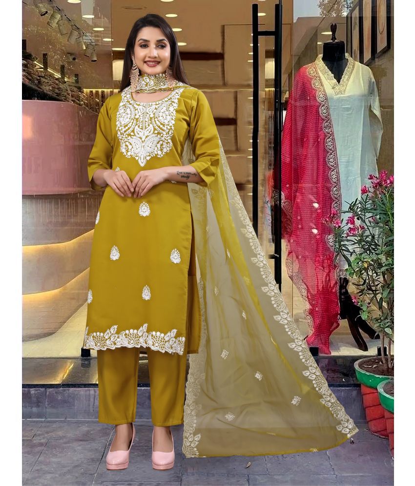     			shankhpushpi Silk Blend Embroidered Kurti With Pants Women's Stitched Salwar Suit - Yellow ( Pack of 1 )