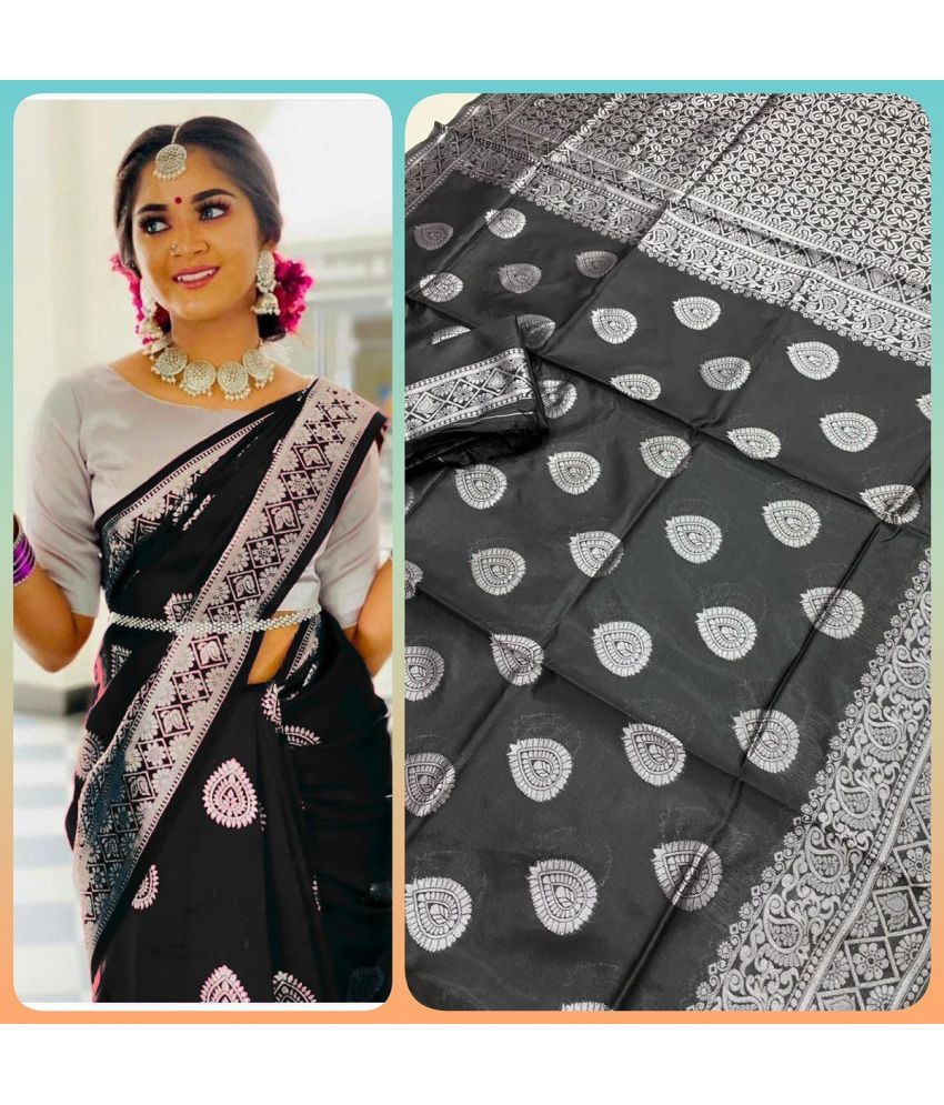     			A TO Z CART Art Silk Solid Saree With Blouse Piece - Black ( Pack of 1 )