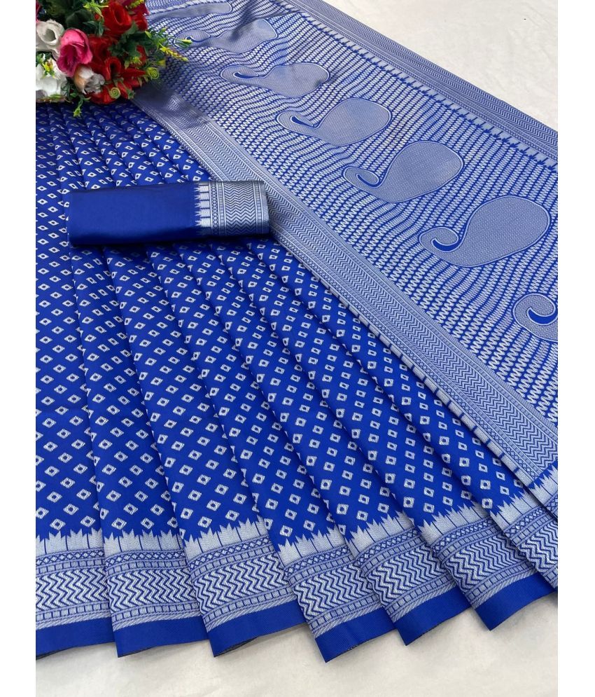     			A TO Z CART Jacquard Solid Saree With Blouse Piece - Blue ( Pack of 1 )