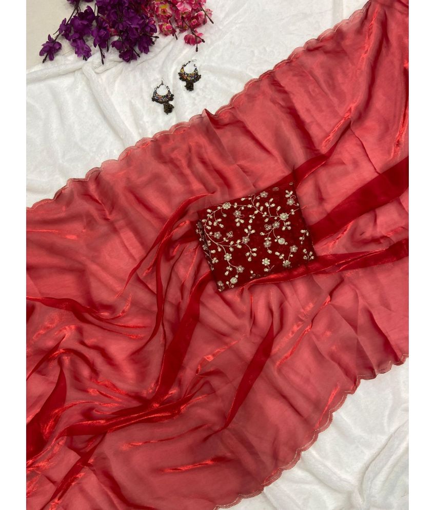     			A TO Z CART Organza Solid Saree With Blouse Piece - Red ( Pack of 1 )