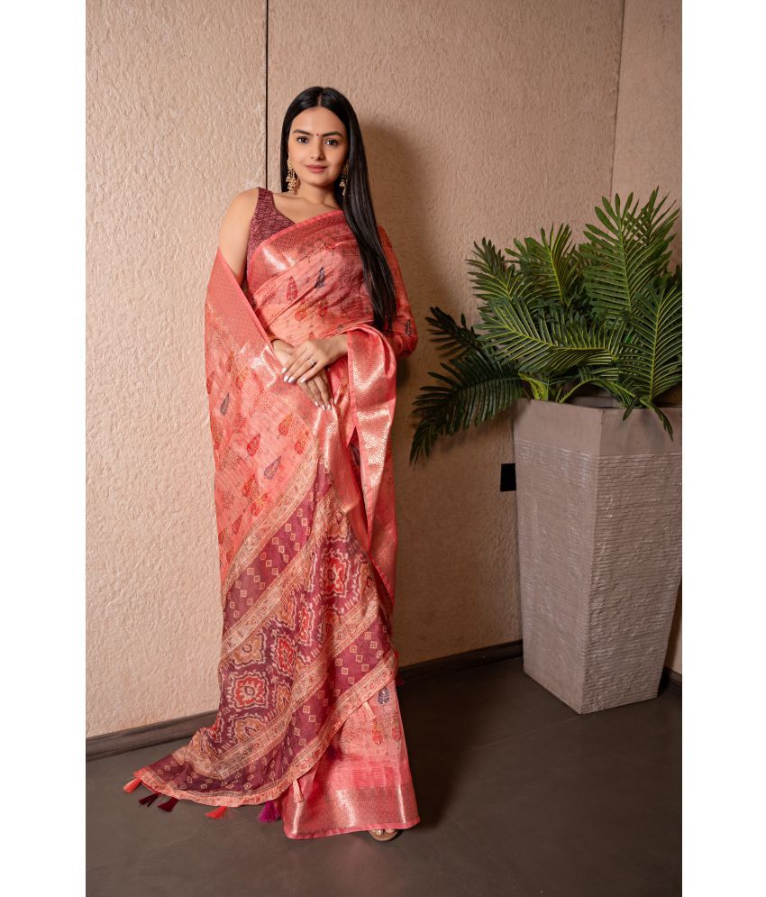     			Chashni Art Silk Printed Saree With Blouse Piece - Peach ( Pack of 1 )