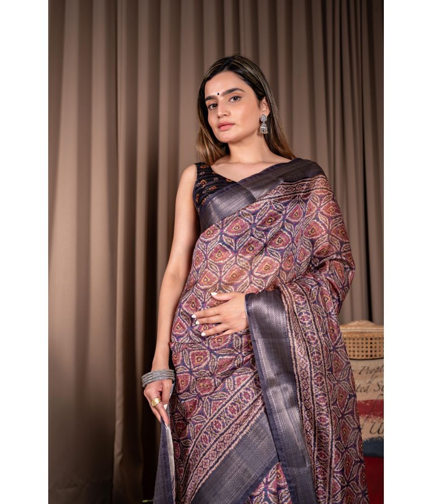     			Chashni Art Silk Printed Saree With Blouse Piece - Navy Blue ( Pack of 1 )