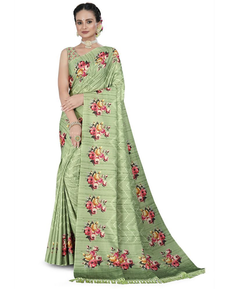     			Chashni Satin Printed Saree With Blouse Piece - Light Green ( Pack of 1 )