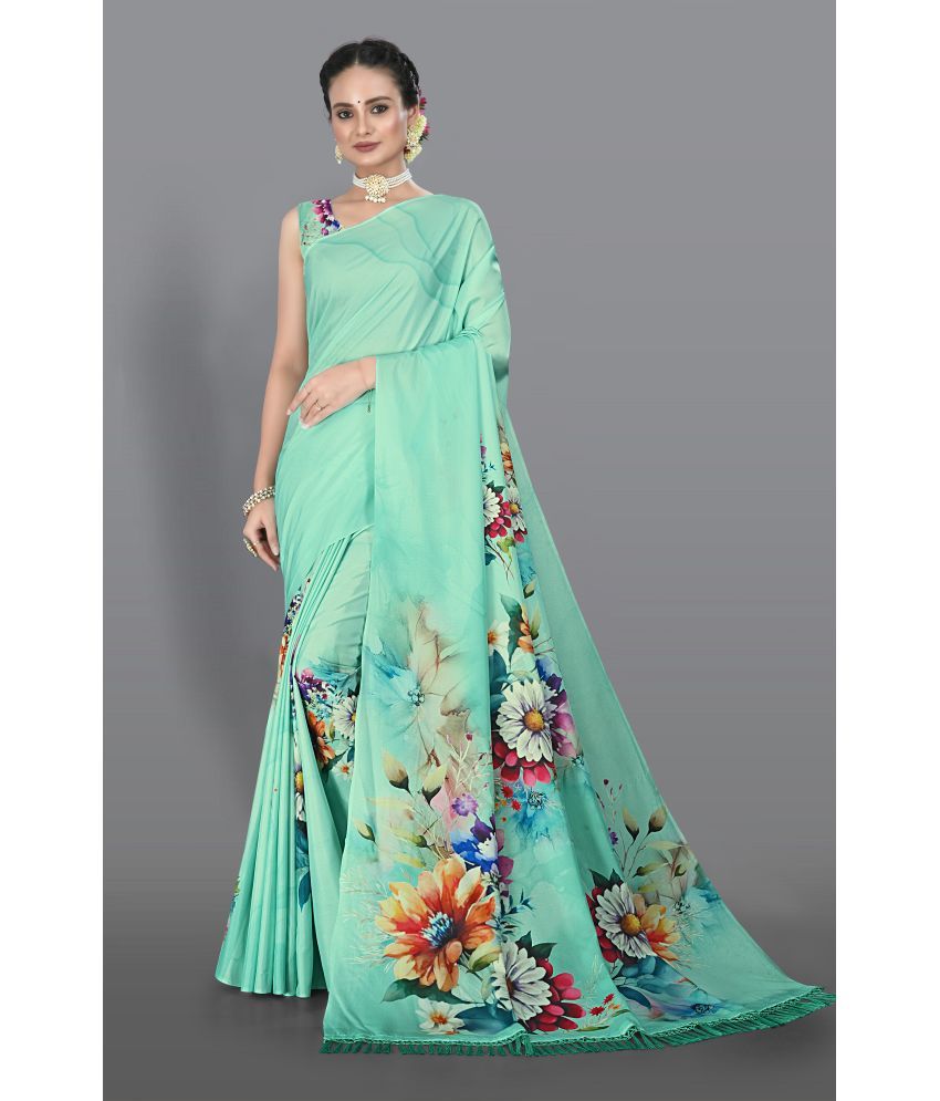     			Chashni Satin Printed Saree With Blouse Piece - Green ( Pack of 1 )