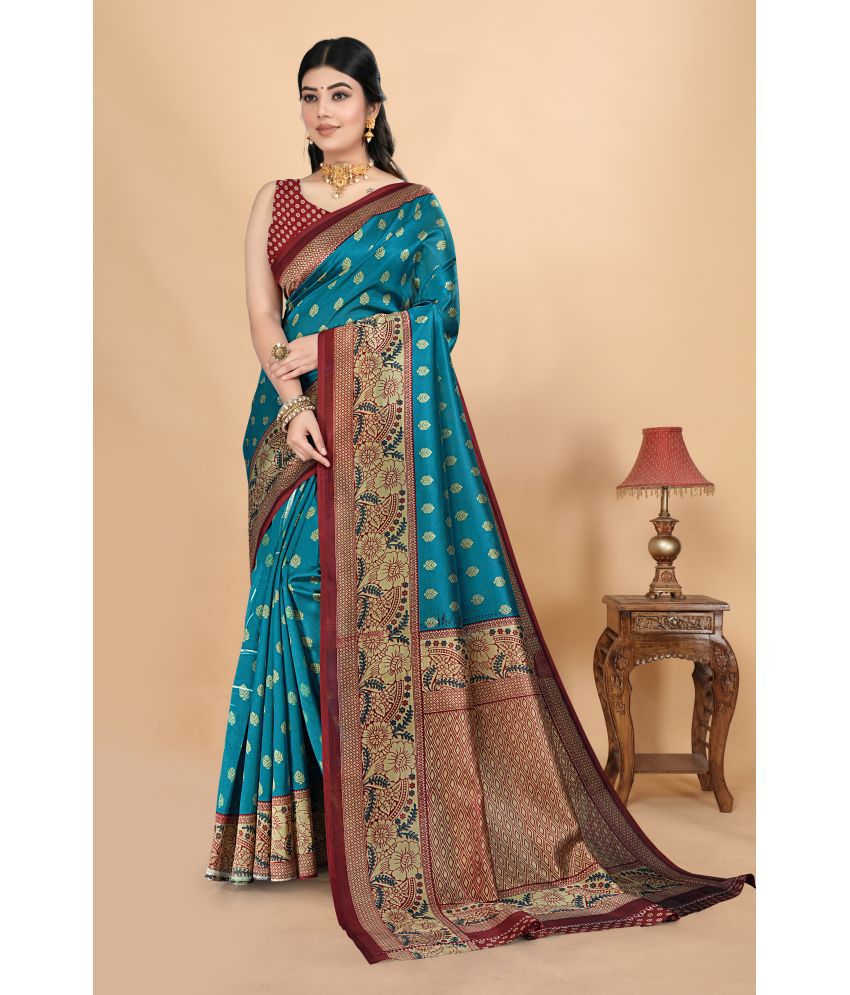     			Chashni Silk Blend Printed Saree With Blouse Piece - Teal ( Pack of 1 )