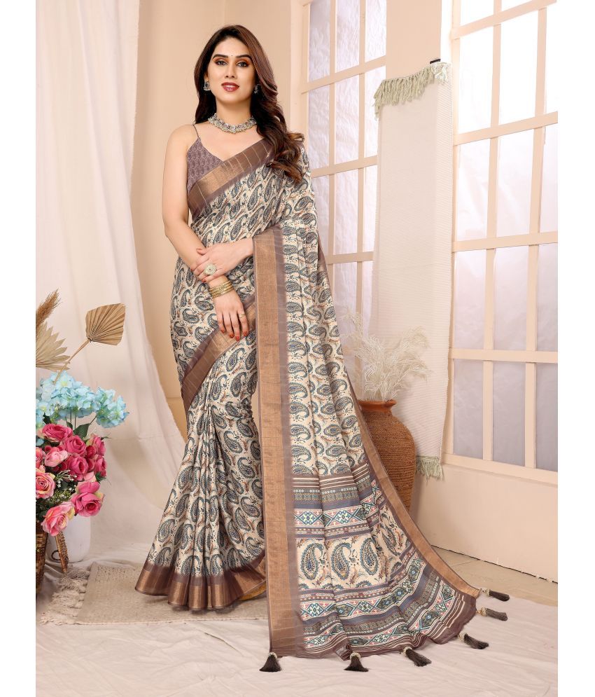     			Chashni Silk Blend Printed Saree With Blouse Piece - Cream ( Pack of 1 )